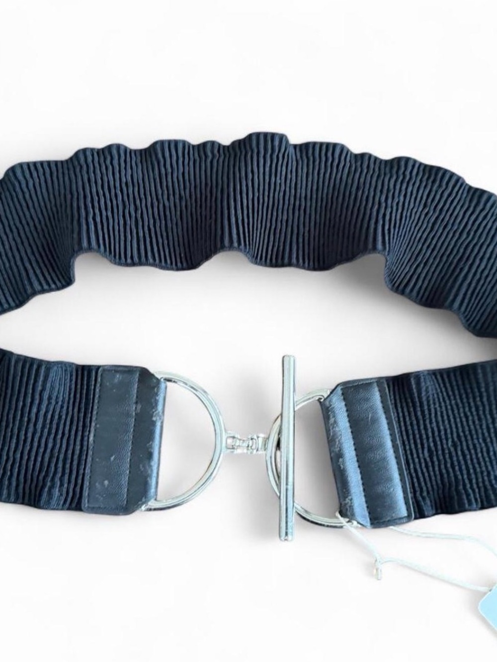 Vintage Chico's Black Ribbed Elastic Belt with Silver Toggle Closure M/L